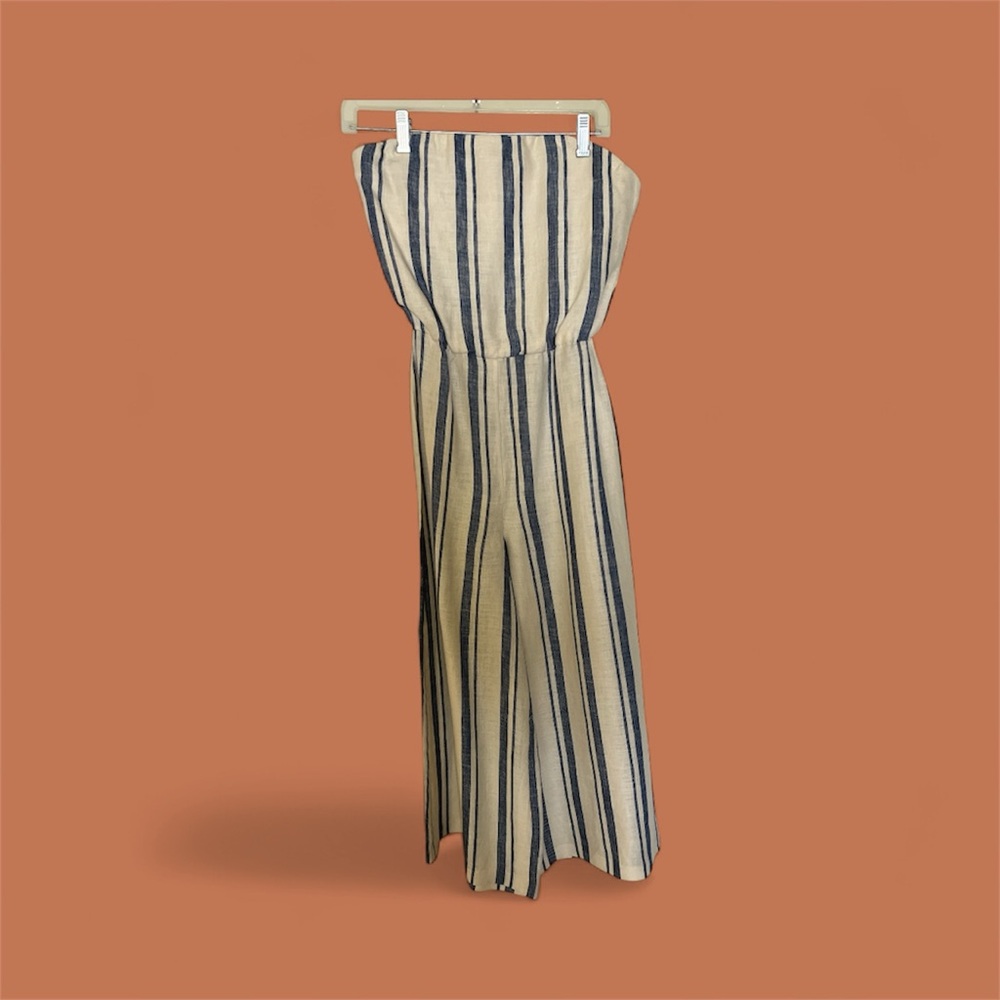 Striped off white and blue strapless Jumpsuit
